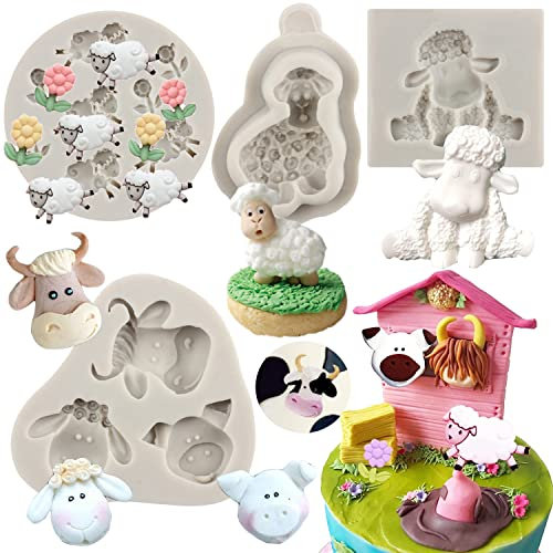 MYPRACS Lot De 4 Moules À Fondant En Forme De Tête D'animal De Ferme, Vache, Mouton, Cochon, Chocolat, Mouton, Fleur De Chèvre, Herbe, Pour Décoration De Gâteaux, Cupcakes, Chocolat, Bonbons