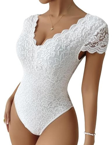 Haibang Body in Pizzo da Donna Sexy Scollo a V Bodysuit Top Floreale Aderente Camicetta a Maniche Corte Body Sottogiacca Elegante Cami Camicie Maglietta Blusa Clubwear