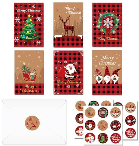 CC HOME Weihnachten Grußkarten mit Umschlägen, 24-teiliges Set von Retro Themed Grußkarten Weihnachtskarten, Faltende Postkarten mit Umschlägen und Aufklebern für Kinder, Familie, Freunde Christmas