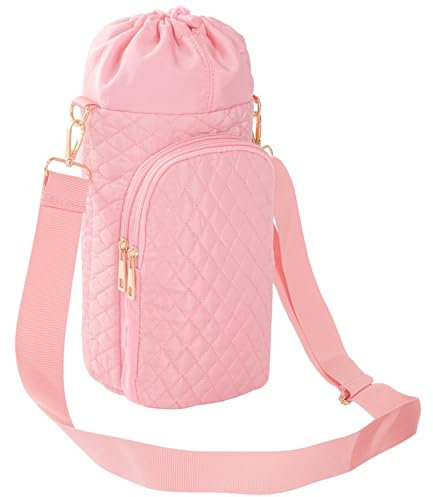 AGX Bravo Water Bottle Bag 32/40oz Sports Water Bottle Holder with Strip Water Bottle Sling Crossbody Carrier Bag with Adjustable Shoulder Strap Pockets for Men/Women Walking Hiking (Quilted Pink),