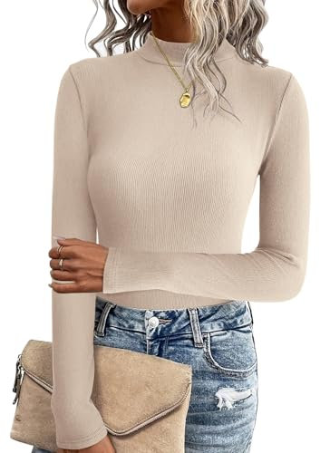 Zeagoo Pullover da Donna a Maniche Lunghe Pullover Lavorato a Maglia Casual Maglione a Collo Alto Slim Fit Maglione Lavorato a Maglia Basic Top Elasticizzato Camicia in Felpa Calda Invernale Beige L