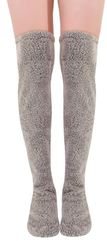 QKURT Fluffy Over Knee High Sock for Women, Plush Leg Warmer Sock Slipper Stocking, Soft Warm Thigh High Socks for Winter Home Sleeping
