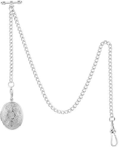 ManChDa Pocket Watch Chain - Pocket Watch Chains for Men with Locket Pendant Albert Chain Fob T Bar Curb Link T-Bar 2 Hook Classic for Men | Silver