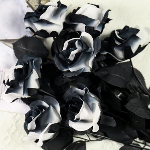 OUKEYI 10 rose artificiali, non sbiadiscono, a stelo singolo, in seta, realistiche, per fai da te, decorazione per la casa, bouquet da sposa, decorazione per Halloween, colore: nero e bianco