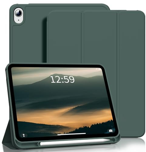SZPSGC Étui pour iPad 10e génération 10,9 2022 avec porte-stylo, veille/réveil automatique, support intelligent avec coque arrière en TPU souple pour iPad 10, vert foncé