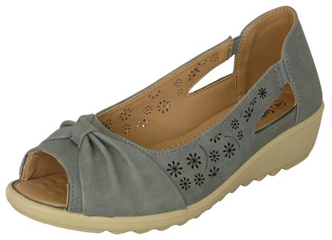 Cushion Walk EEE Fitting Wide Fit Women's Ladies Lightweight Slip-on Faux Leather Low Wedge Open Peep Toe Shoes Sandals with Bow (4 UK, Blue)