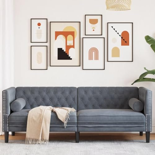 Willood Chesterfield-Sofa mit Nackenrollen 3-Sitzer Loungesofa Designsofa für Wohnzimmer, Couch Wohnzimmersofa Dunkelgrau Samt