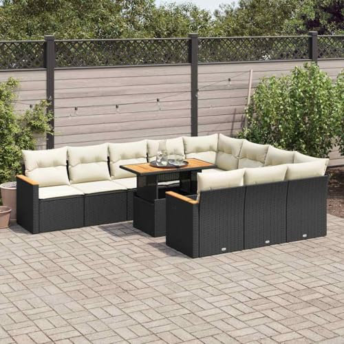 NQJIBUE Home Garden, 11-teiliges Gartensofa-Set mit Kissen, Polyrattan-Akazie, Schwarz