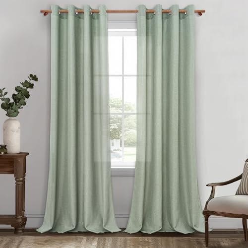 MRTREES Extra Lange Gardinen und Vorhänge Leinenoptik Salbeigrün Halbtransparent für Schlafzimmer Wohnzimmer Modern 2er Set, Stores Gardinen mit Ösen, Vorhang Leinen 260 cm Lang 140 cm Breit