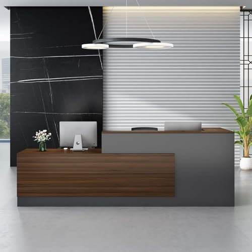 Heliosrider Empfangstheke, Empfangstisch, Einfach Moderner Empfangstresen, L-Förmiger Rezeptionstheke, Schreibtisch mit Theke Empfang, Holzwerkstoff, mit Tastaturschublade, Büromöbel, Ladentheke