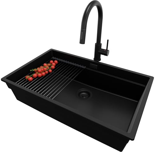 PRIMAGRAN Granitspüle ab 80er Unterschrank + Küchenarmatur, 76x47cm | Set: Küchenarmatur BW9010 + Ablauf-Set + Abtropfmatte + Spülbecken 1 Becken - Prag Level Slim, Alles Schwarz