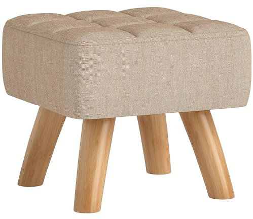 HOMCOM Sitzhocker Hocker quadratisch mit weichem Sitzkissen Holzbeinen Fußhocker mit Leinenoptik Polsterhocker Ottoman für Schlafzimmer, Wohnzimmer, Braun