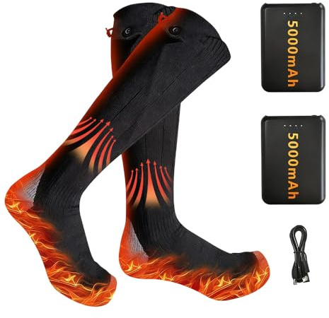 Beheizbare Socken Damen Herren, 2 X 5000mAh Beheizte Socken mit 4 Temperaturen, Wiederaufladbare Heizsocken, Waschbare Fußwärmer Elektrisch für Skifahren/Radfahren/Angeln/Camping