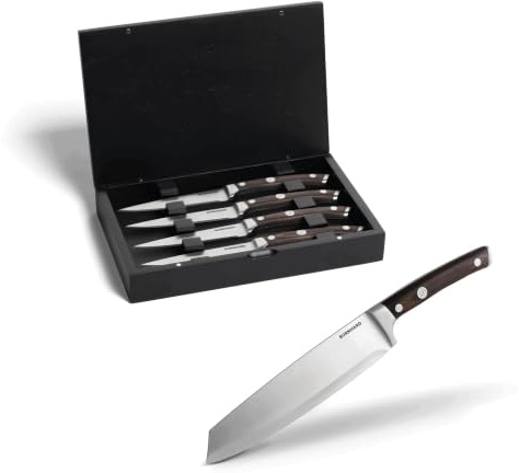 BURNHARD® Küchenmesser Set, 5-teilig, Chrom-Molybdän-Stahl 56±2 HRC | Pakkaholz-Griff, inkl. 4 Steakmesser & Akazienholzbox, scharfe Klinge, ergonomisch, Klingenschutz, RAGNAR