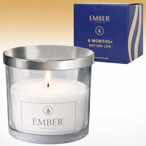 Ember Candles™ 12cm Klarglas Glas LED flackernde Batterie Kerze - 100% echtes Wachs, Chrom-Deckel, ultra-realistisch, flammenlos, handgegossenes Design, 6-Stunden-Timer für sicheren Innenbereich (ohne