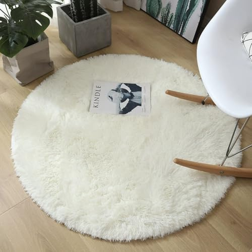 Hearda Flauschige Runden Teppiche Schlafzimmer, Shaggy Teppich Hochflor Modern Plüsch Weich Langflor Wohnzimmerteppich mit rutschfest Unterseite für Kinderzimmer Lounge (Weiß A,140cm)