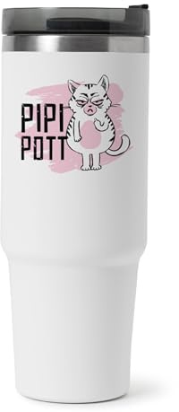 itsisa XXL Thermobecher Miesekatze Pipi Pott mit Griff und Strohhalm 1200 ml - Isolierbecher, Trinkbecher, Trinkflasche, Kaffeebecher, Kaffeetasse