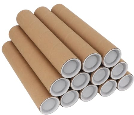 Baxnore 12 Piezas Tubos de Papel Redondos Tubos de Almacenamiento de Pósteres Tubos de Papel para Pósteres de Envío Multiusos con Tapa de Plástico Cartón Kraft Protector Resistente (5,3*30cm)