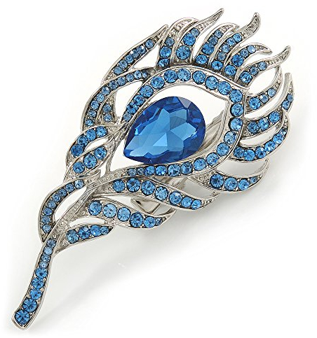 Broche en forme de plume de paon en cristal bleu exotique plaqué rhodium – 8 cm L