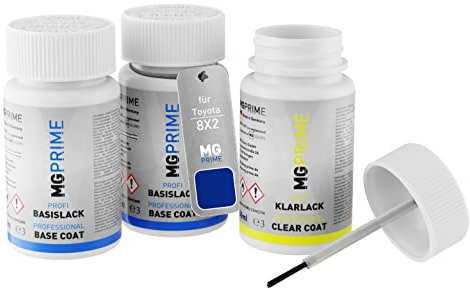 MG PRIME Autolack Lackstifte für Toyota 8X2 Nebula Blue Metallic + Klarlack | Titanblau Metallic, Set aus Grundlack + Basislack + Klarlack, Lackfläschchen mit Pinsel, je 50ml