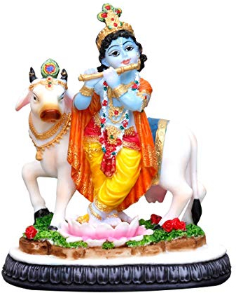 SrI Krishna CULTURE Krishna Murti Babyfigur aus Polyesterharz, handgefertigt, mit Flöte und Kuh Gau, Mata, Hindu-Gott und Göttin, Idol/Statue (mehrfarbig, 10,2 cm)