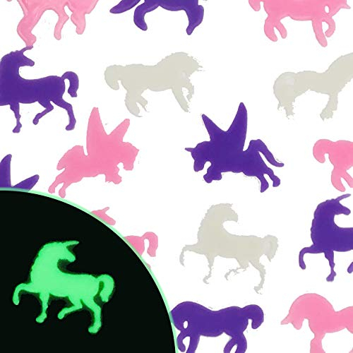 Carpeta® - 24 x Magische Einhörner ★ Glow In The Dark ★ plus 24 doppelseitige Klebepunkte┃ Nachtleuchtende Deko für Kinderzimmer ┃ verschiedene Motive und Farben ┃ Mädchen lieben dieses Einhorn