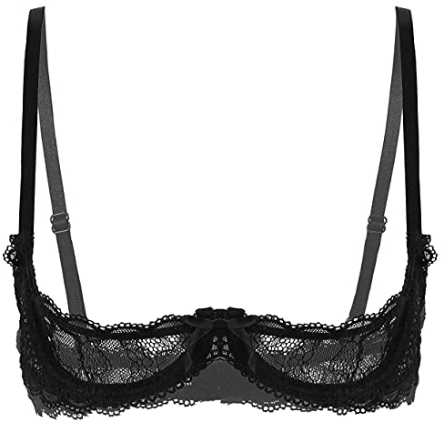 Mufeng Women's Sheer Lace 1/4 Cups Shelf Bra Lingerie Push Up Underwire Bra Balconette Underwear Black 1 M