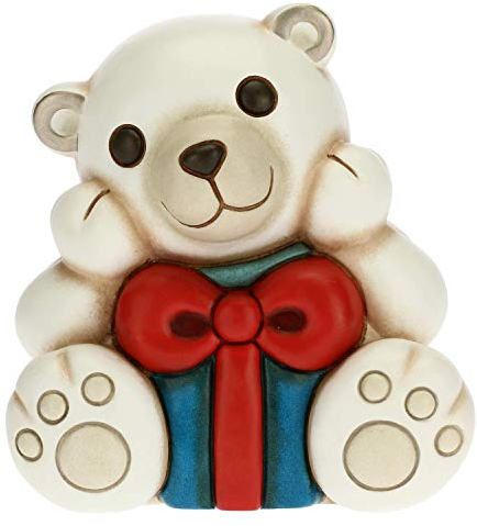THUN - Soprammobile Orso Polare Natalizio con Pacco Regalo - Accessori per la Casa da Collezionare - Linea Un Pensiero Felice - Formato Medio - Ceramica - 12 x 9,8 x 12 h cm