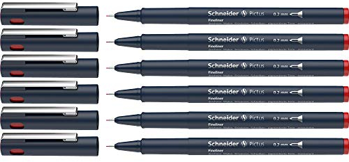 Schneider Pictus Fineliner (Strichstärke 0,2 mm, dokumentenechte Pigmentliner, metallgefasste Spitze, Gehäuse aus 85% recyceltem Kunststoff) 6er Pack, rot