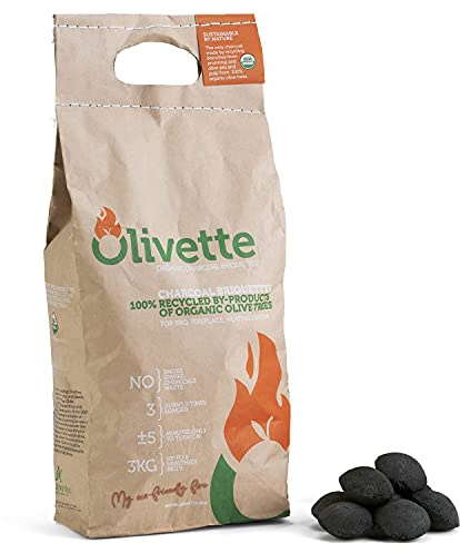 Organic Charcoal Briquettes by Olivette, Reusable Charcoal for Grilling, USDA Certified, Recycled Olive Tree Byproduct, Ready to Light BBQ Charcoal, 6.6 lb. Bag Equal to 20 lb. of a Regular Charcoal