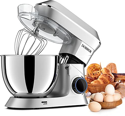 Pâtissier, DOBBOR 1500W Robot Batteur Patisserie avec Fouet, Batteur, Crochet, Bol d'Acier Inoxydable, 7 Vitesses Faible Bruit Patisserie Électrique, Compatible Lave-vaisselle (Silver)