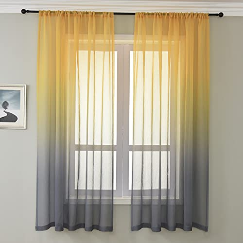 Lsimeru Voile Gardine Vorhang Farbverlauf Gelb Grau Gardinen Leinenoptik Halbtransparent Bunt 2er Set Vorhänge Dekoschal Fensterschal für Wohnzimmer Schlafzimmer,132x160