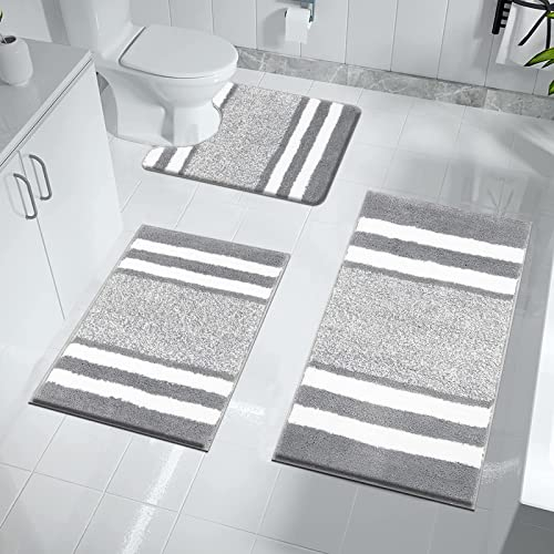 Pauwer Badezimmerteppich Set 3 Teilig Waschbar rutschfeste Badematte Toilettenmatte Weich Saugfähige Badteppiche und wc vorleger mit Ausschnitt Mikrofaser Duschvorleger, Hellgrau