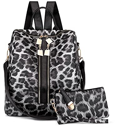 NICOLE & DORIS Rucksack Damen Groß Modischer Leopard Daypack mit Anti Diebstahl College Wasserdichter Rucksack mit Abnehmbarem Schultergurt Gray