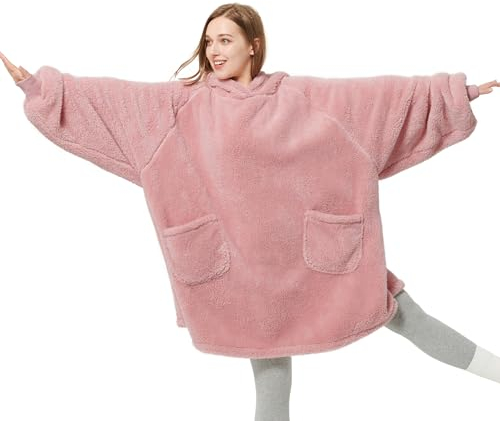 BEDSURE Hoodie Decke mit Ärmeln - Kuschelpullover als Geschenke für Frauen - Tragbare Decke zum Anziehen Erwachsene Kuscheldecke mit Ärmeln Weich Warm Geschenke für Freundin Mütter, Rosa 95x85 cm