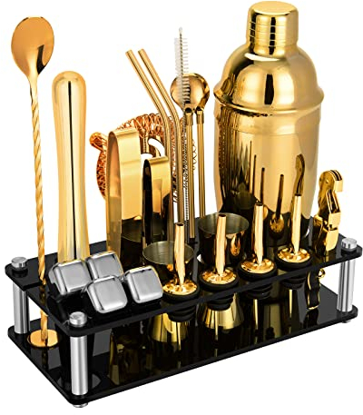 KinGrow 23 Piece Cocktail Shaker Set Bartender Kit with Acrylic Stand & Cocktail Recipes Booklet, Professional Bar Tools for Drink Mixing, Home, Bar, Party (Include 4 Whiskey Stones) - Gold