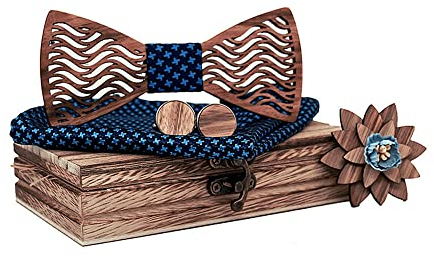 GIVBRO Holzfliege, Vintage-Manschettenknöpfe, Brosche, Einstecktuch, Einstecktuch, mit Geschenkbox für Männer