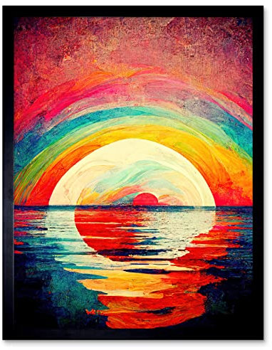 Doppelganger33 LTD Rainbow Sunset At Sea Vibrant Expressionism Art Print Framed Poster Wall Decor 12x16 inch