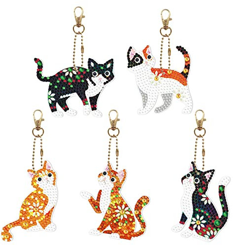 JSRQT 5 Pièces 5D Chat Diamant Peinture Portes-Clés,Diamond Art Painting Porte Clé Kit, Kit de Fabrication de Mosaïque de Strass Pour Débutants Peinture Diamant Porte Clés