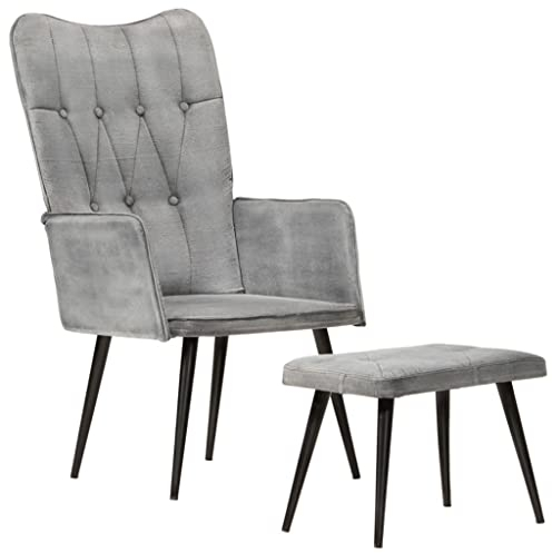 vidaXL Ohrensessel mit Hocker Grau Vintage Canvas, Sofasessel, Sessel, Canvas Ohrensessel, Canvas Sessel, Knopf Ohrensessel, Bürostuhl