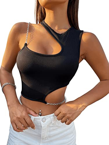 GORGLITTER Cut Out Oberteil Damen Sexy Crop Top Mit Ketten Y2k Rippenstrick Tshirt Asymmetrisches Top Schwarz L