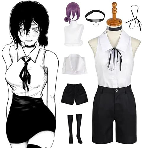 Syedeliso Anime Reze Cosplay Kettensäge Mann Cosplay Kostüm Bombe Hemd Outfits Krawatte Kurzen Hals Ring Reze Perücke Halloween Kleidung für Mädchen (Anzug perücke,M)