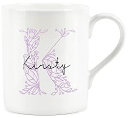 Personalised Bone China Mug - Floral Pink Letter K Initial Gift - Small Coffee Tea Cup Present