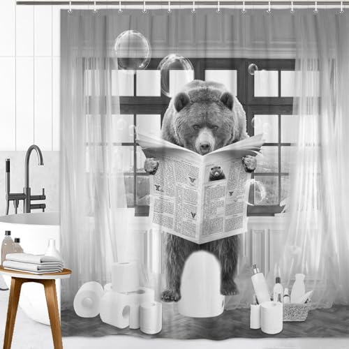 LKFBSC Lustiger Duschvorhang, Bär liest Zeitung auf Badewanne, Duschvorhänge-Set, lustiges Tier, lustig, lustig, wildes Leben, Duschvorhang, Badezimmervorhang mit Haken, 183 x 183 cm