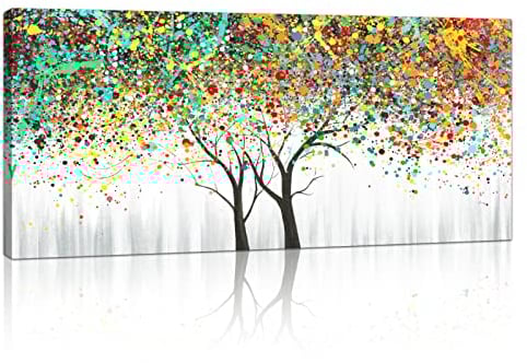 FajerminArt Cadre en Bois Arbre à fleurs Impression sur Toile Moderne Mural Coloré Arbre de vie Peintures sur Toile Grande Tableau Decoration Murale Salon Chambre prêt à accrocher 50x120 cm