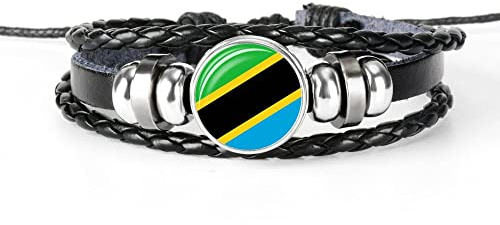 Geflochtenes Armband Mit Tansania-Flagge – Wappen Aus Glasedelstein,Mehrschichtiges Pu-Leder-Armband,Fan-Flaggen-Knopf-Armbänder,Schmuck,Verstellbares Unisex-Armband Für Party-Schmuck,Wie Abge