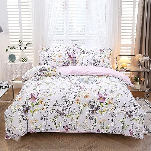 URBONUR Floral Duvet Cover Set Queen Size 3-Pieces 100% Cotton Wildflowers Comforter Cover, Chic Garden Flowers Bedding Set, Soft Breathable Duvet Cover Set