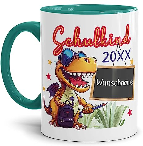 Tassendruck Personalisierbare Tasse zur Einschulung - Schulkind mit Name und Jahr personalisiert - Dino Tasse, personalisierte Geschenke zur Einschulung | 300ml, Innen & Henkel Türkis