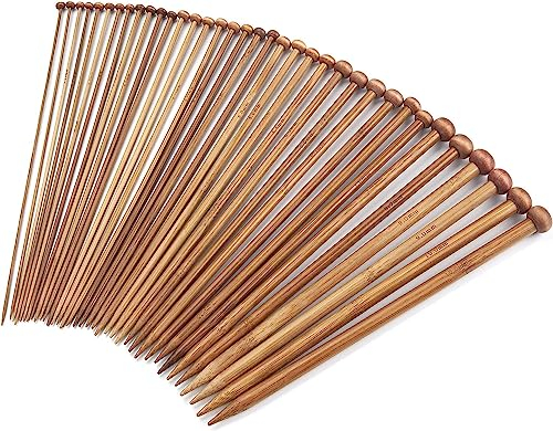 FACATH Bamboo Knitting Needles Set for Beginners Adults 9-Inch Single Point, 18 Pairs Straight Wooden UK Size 2-10 (2.0-10.0mm), Wood Sweaters, Socks, Gloves, Brown-25cm