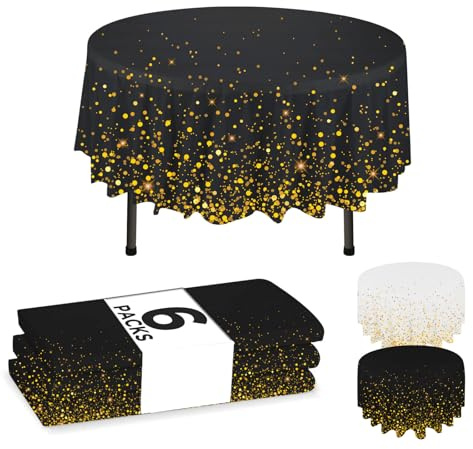 NORZEE 6-Pack Black Disposable Plastic Tablecloths, 84 Plastic Table Cloth, Round Table Cover Black Gold CONFETY